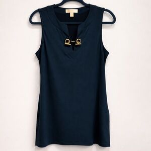 Micheal Kors Teal Sleeveless Blouse Women's M Split Neckline Chic Gold Hardware